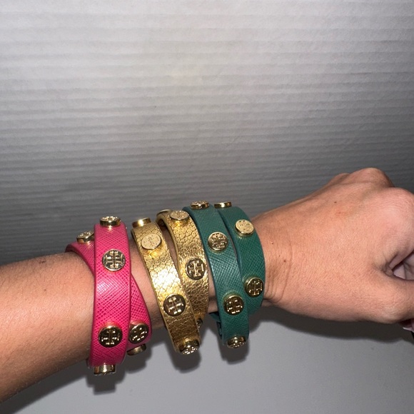 6 Tory Burch Leather Wrap Bracelet Stud Red Green Silver Black Gold Pink Set of6 - Picture 6 of 10